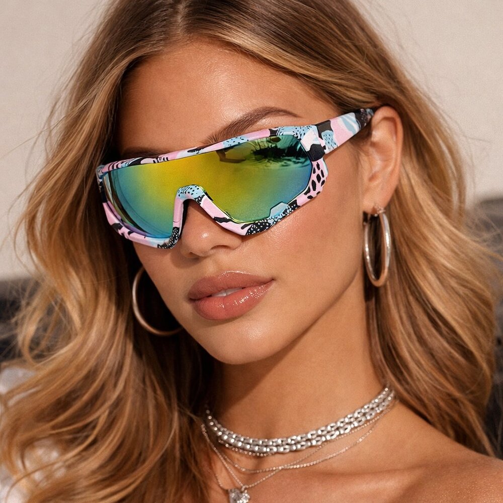 Flawless Edge: Pink Graphic Print Mirror Sport Sunglasses